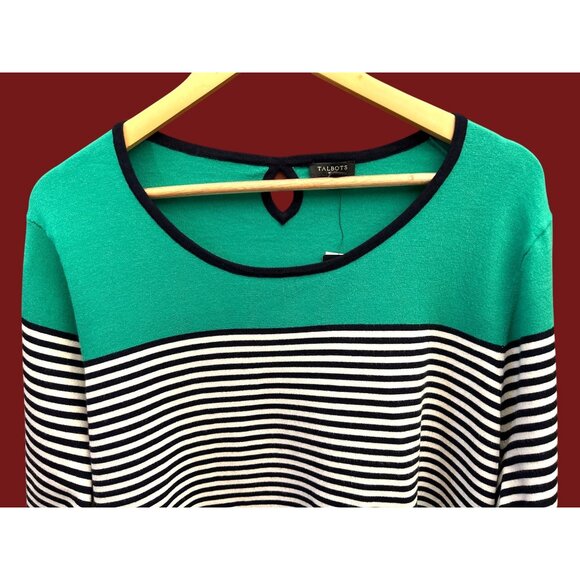 NWT Talbots Plus Size 3X Green Black White Striped Top Coastal Chic Preppy Work - Picture 2 of 5